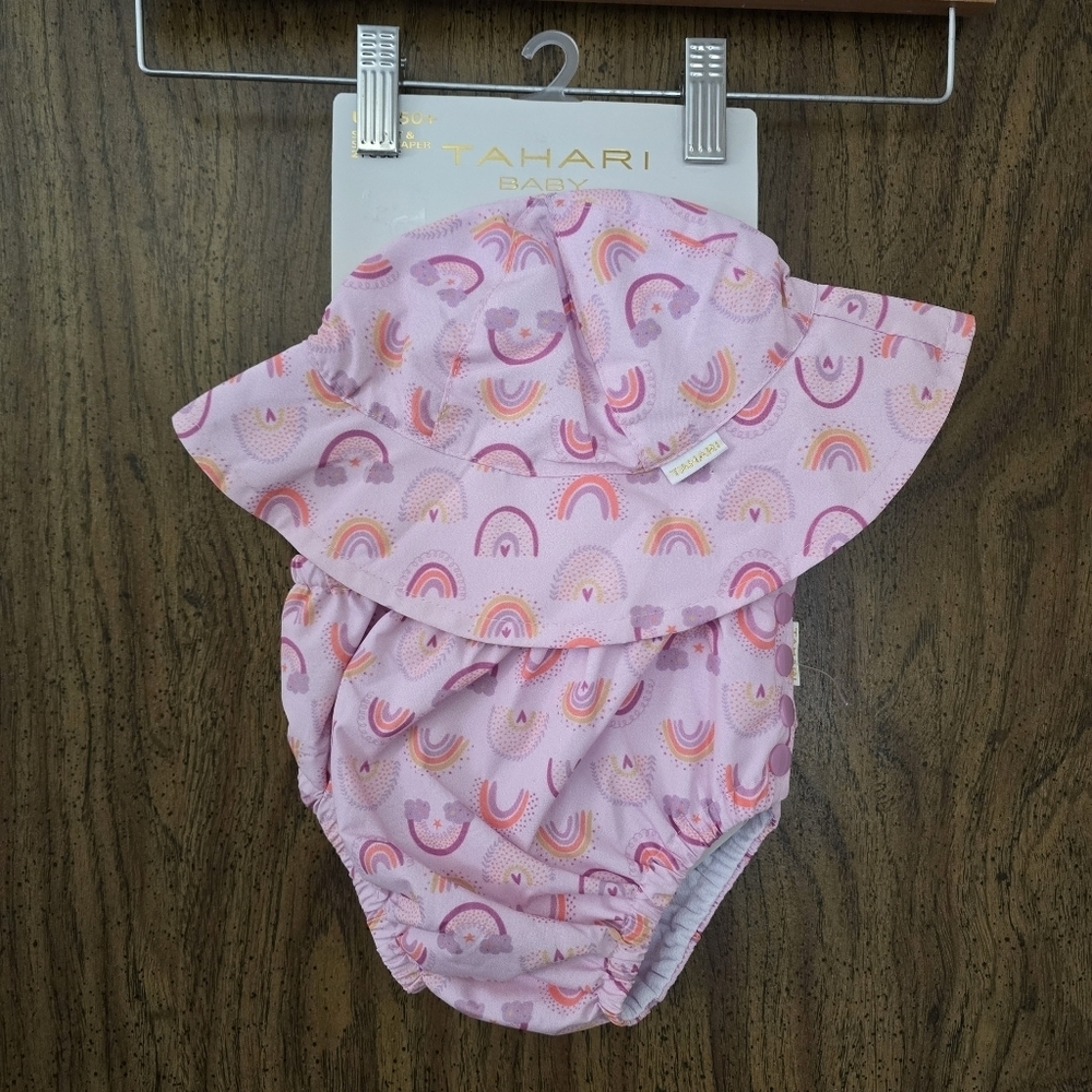 Tahari baby pink rainbow SPF 50 sun hat and swim diaper size 12 months